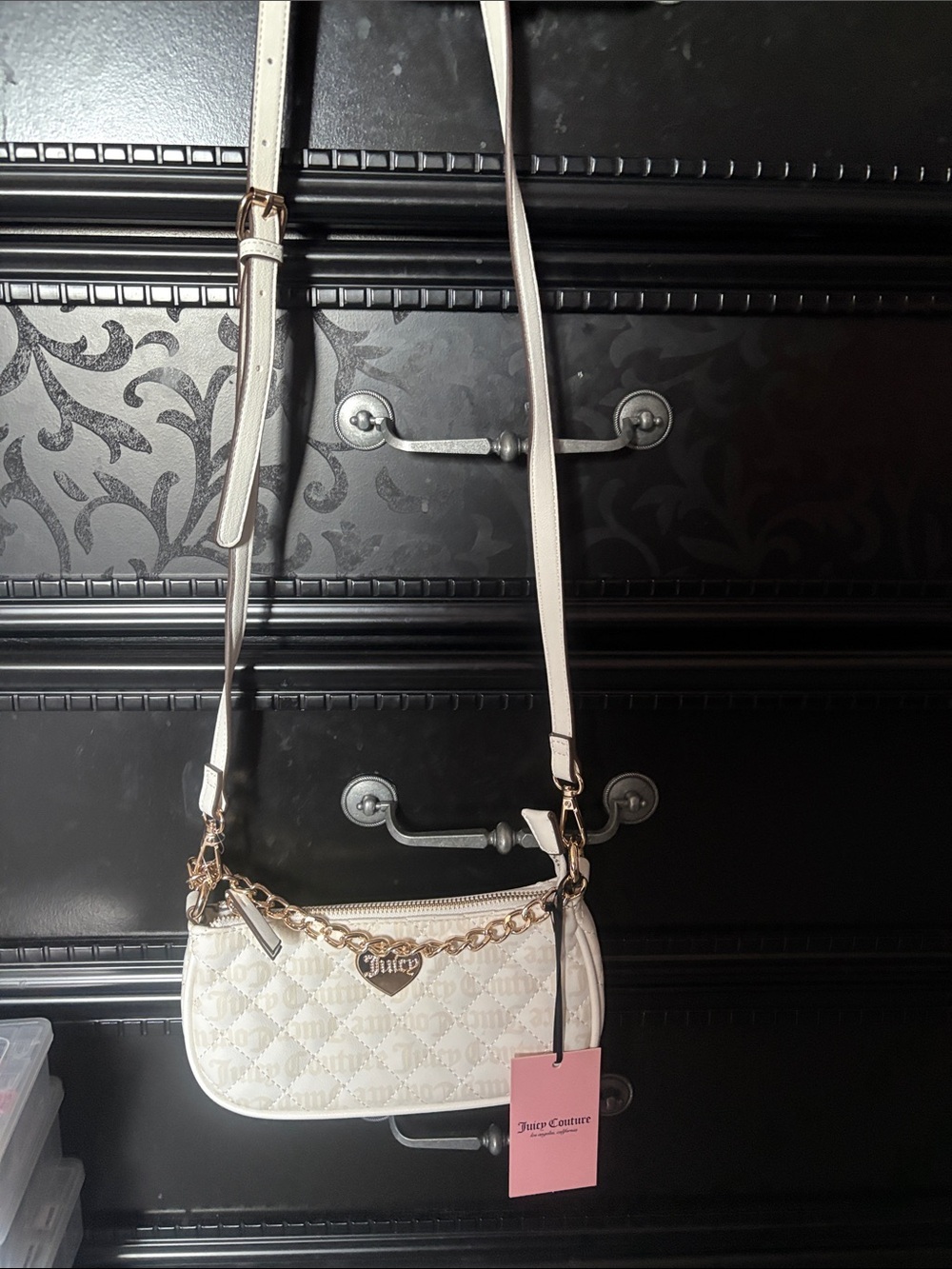 Juicy Couture Cream Quilted Mini Crossbody with Gold Chain Charm